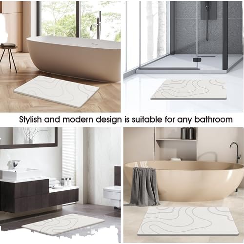 Diatomite Bathroom Stone Mat, Quick-Drying Bathroom Mat with Wave Pattern, Modern Design (White)