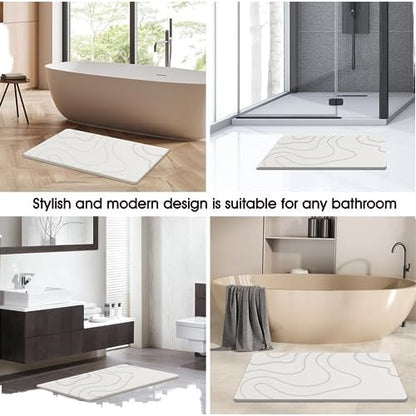 Diatomite Bathroom Stone Mat, Quick-Drying Bathroom Mat with Wave Pattern, Modern Design (White)