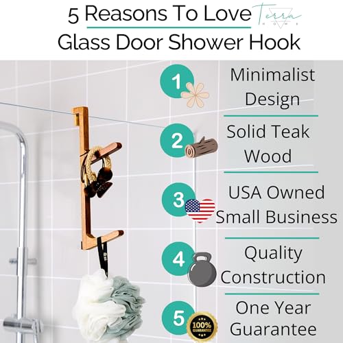 TERRA HOME Towel Hooks for Shower Glass Door - Natural Wood, Heavy Duty, Moisture Proof, Large Hooks - Shower Door Towel Hook - No Drill Bathroom Organizer