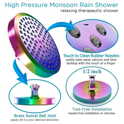SparkPod Rain Shower Head, 6 Inch Round, Radiant Rainbow Finish | High Pressure Shower Heads, 90 Nozzles, Adjustable Showerhead, No Tools Needed, Universal Connection - color: Radiant Rainbow, style: 6 Inch Round