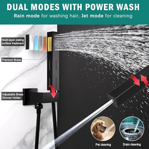 Enga Dual Heads Shower System with Body Jets, Shower Faucet Set 10 Inch Rainfall with 6 Inch Showerhead, 4 Body Jets with 2 in 1 Handheld Spray, Matte Black - color: Matte Black, style: Wall-10"+6"+4Jets