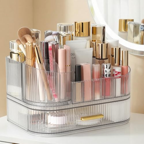 Delamu Rotating Makeup Organizer countertop, Brush Holder for Vanity, Clear | Stackable Drawer Makeup Storage for Skincare, Lipstick, Brushes & Perfume, Fits Dresser & Bathroom Countertop, Gift for Women - color: Clear