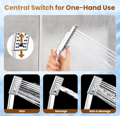BRIGHT SHOWERS Rain Shower Head with Handheld Spray, 8 Inch High Pressure Rainfall Shower Head Combo with 60” Hose, Adjustable Dual Square Showerhead with 3-Way Diverter, Wall Bracket, Chrome - color: Chrome, style: Dual Shower Head