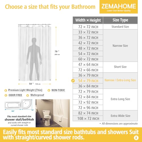 ZEMAHOME Extra Long Narrow Clear Plastic Shower Curtain Liner - Lightweight 54" x 79" Transparent Bathroom Shower Showroom Curtain Liner with Rustproof Metal Gromments and Weighted Magnet - color: A01-clear, size: 54"W x 79"L (Pack of 1)