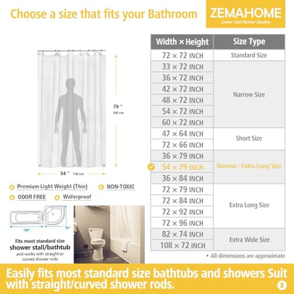 ZEMAHOME Extra Long Narrow Clear Plastic Shower Curtain Liner - Lightweight 54" x 79" Transparent Bathroom Shower Showroom Curtain Liner with Rustproof Metal Gromments and Weighted Magnet - color: A01-clear, size: 54"W x 79"L (Pack of 1)