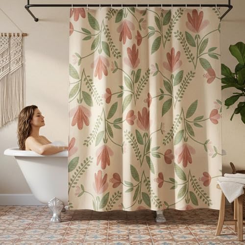 Pink Tulip Floral Linen Shower Curtain Set with Liner,72" Wx72 L | Double Layer Shower Curtain Waterproof Fabric with Zippered Removable PEVA Liner,Boho Shower Curtain for Bathroom,Free Hooks - color: Pink Tulip