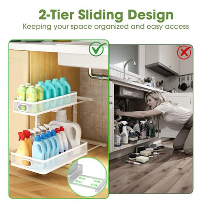 Under Sink Organizer 2-Pack, Metal 2-Tier Pull-Out Cabinet Shelf with Slide-Out Mesh Drawers, Height Adjustable, Space-Saving Under Sink Storage Racks for Kitchen, Bathroom, Laundry Room, White - color: White