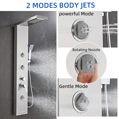 6 in1 Multi-Function Shower Panel Tower System-Brushed Gray | 304 stainless steel Shower Panel Column Tower with Powerful Body Massage, Rainfall, Waterfall,Handheld and Tub Spout - color: Brushed Gray, style: HSY-003