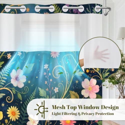 Boho Floral No Hook Shower Curtain with Snap in Liner & Tassels | Double Layer Waterproof & Mesh Top, Whimsical Dark Botanical & Wildflower Design for Modern Bohemian Style Bathroom, 71Wx77L - color: Whimsical Flowers