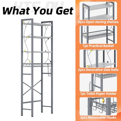 Over-The-Toilet Storage Rack, 4-Tier Bathroom Organizer Shelf Over Toilet with Adjustable Shelf and Basket, Freestanding Space Saver Bathroom Shelves Above Toilet for Room (Gray White) - color: Gray White
