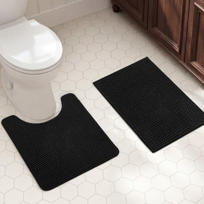 TYUU Bath Mat Set 2 Piece, Bathroom Rugs Non Slip Washable & Toilet Mat | Non Slip Quick Dry Absorbent Thin Low Pile Bathroom Mats, Washable Bath Rugs 2 Pc Set: 16x24 Mat & Toilet Mat 20x24 in. Black - color: Black, size: 16"x24" + 20"x24" U Shape