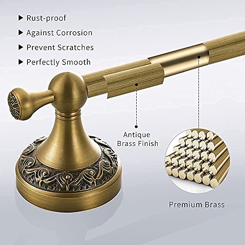 BATHSIR Antique Brass Towel Bar Set, Adjustable Bathroom Accessories Include Expandable Towel Holder Toilet Paper Holder Towel Ring Robe Hook Retro Carved Style Hardware 4 Piece Wall Mount
