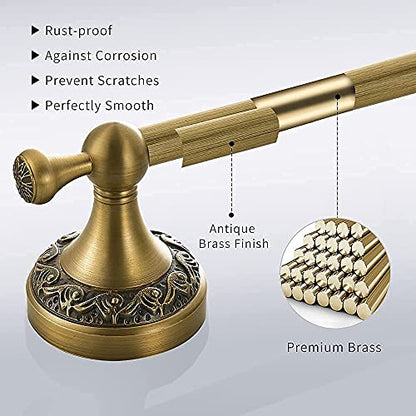 BATHSIR Antique Brass Towel Bar Set, Adjustable Bathroom Accessories Include Expandable Towel Holder Toilet Paper Holder Towel Ring Robe Hook Retro Carved Style Hardware 4 Piece Wall Mount