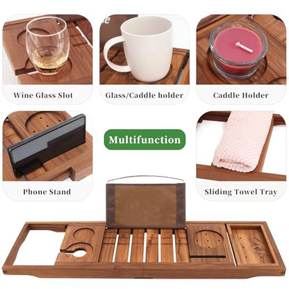 VaeFae Premium Teak Bathtub Tray, Expandable Wooden Bath Tray for Tub, Luxury Bathtub & Bathroom Accessories, Great House Warming, Anniversary & Wedding and Birthday Gifts (Free Teak Body Brush)