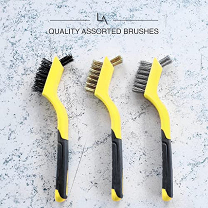 Wire Brush Set 3Pcs - Nylon/Brass/Stainless Steel Bristles with Curved Handle Grip for Rust, Dirt & Paint Scrubbing with Deep Cleaning – 7 Inches (Yellow) - color: Yellow