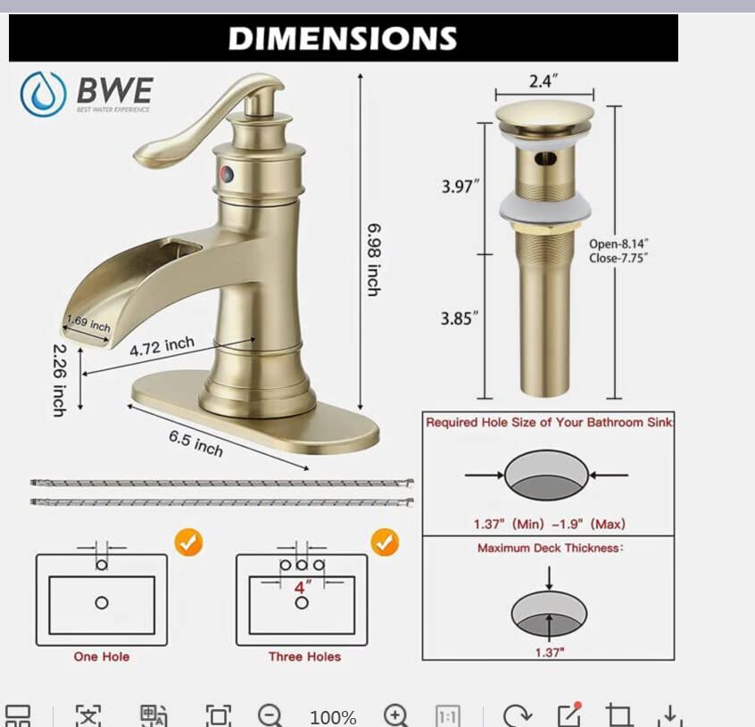 BWE Brushed Gold Waterfall Bathroom Sink Faucet with Deck Plate, 1.2 GPM | Waterfall Spout, Ceramic Cartridge, California-Compliant, Fits 1 or 3-Hole Sinks, Handware Included, Single Handle - color: Brushed Gold