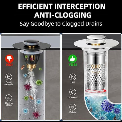 Bathroom Sink Drain Strainer 2 Pack,Bathroom Sink Stopper with Pop-Up Drain and Removable Hair Catcher, Stainless Steel Filter Basket, Fits Standard US Bathroom Sinks