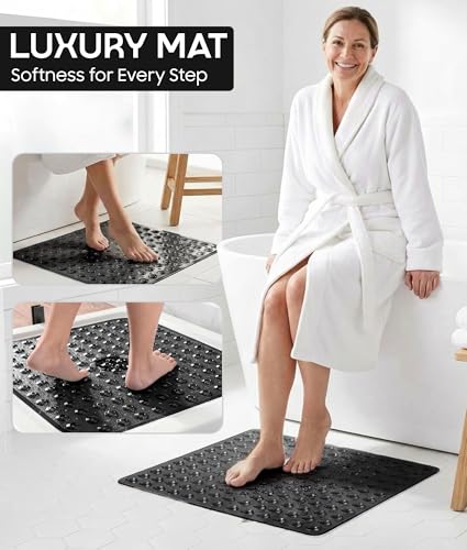 Square Shower Mat Non Slip, 21x21 Inch Square Bathtub Mat for Inside-Shower with Suction Cups Drain Holes, Anti-Slip Bathroom Floor Shower Stall Mats, Soft Bath for Tub, Machine Washable - Black - color: Black
