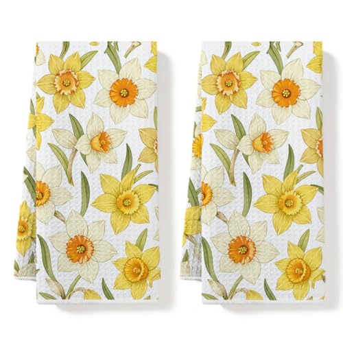 Narcissus Floral Kitchen Towels Set of 2 Flower Bathroom Kitchen Decor Waffle Absorbent Tea Towels Dish Towel December Birth Month Flowers Decorative Hand Towel Housewarming Gifts, 14x24 Inches - color: Multi0218