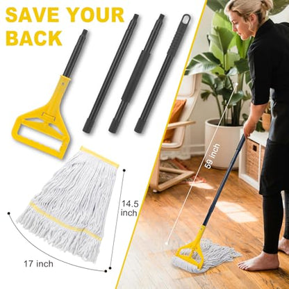 Commercial Mop with 3 Large Replacement Heads,Heavy Duty Industrial Mops | 59" Long Handle,for Floor Cleaning,Looped-End String Wet Cotton Mop for Home,Kitchen,Office,Garage,Concrete/Tile Floor - size: Large