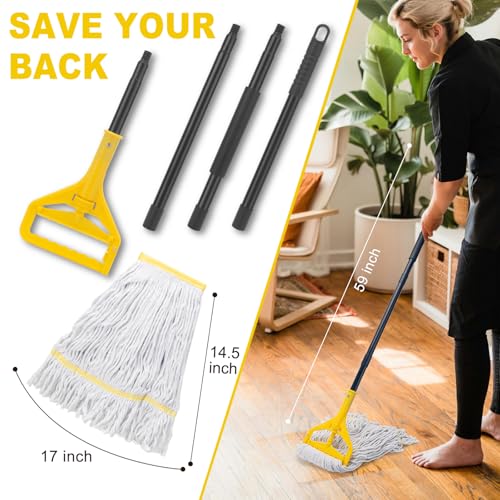 Commercial Mop with 2 Large Replacement Heads,Heavy Duty Industrial Mops | 59" Long Handle,for Floor Cleaning,Looped-End String Wet Cotton Mop for Home,Kitchen,Office,Garage,Concrete/Tile Floor - size: 1 Large Industrial Mop with 2 Mop Heads