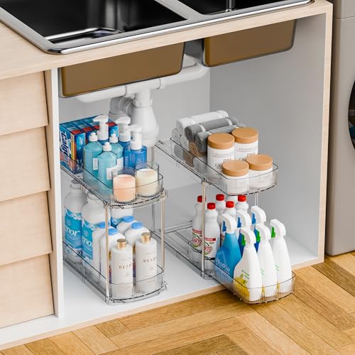 3 Pack 13.8″ Deep 2 Tier Under Sink Storage Organizer,Large Pull Out Bathroom Organizers and Storage,Slide Out Acrylic Undersink Storage Shelf,Kitchen Under Sink Organizer for Cleaning Products - style: 3 Pack-2 Tier
