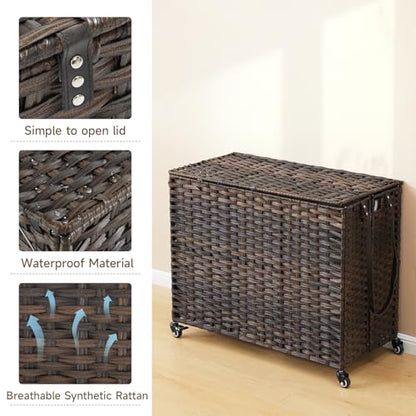 Laundry Hamper with Wheels, 52.8 Gallon(200L) Rolling Laundry Basket with Lid, Removable Large 3 Color Liners & 3 Mesh Laundry Bags, Clothes Hamper with Side Pocket, Brown - color: Brown, size: 31.5"L x 15.75"W x 25.6"H