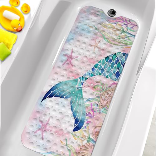 Bathtub Mats for Kids, Pink Mermaid Bath Mat for Tub Non Slip, 40 X 16 Inch Large Washable Bathtub Mat Non Slip for Showers with Drain Holes and Suction Cups - color: Pink Mermaid