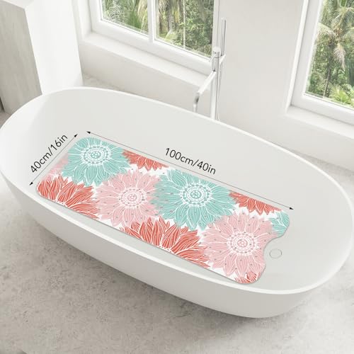 SHUCHING Bath Mat for Tub Non Slip-40x16 Inch, Green and Pink Flower | Bathtub Mat for Elderly Mold Free, Long Shower Mat for Inside Shower with Suction Cup, Machine Washable - color: Abstract Sunflower