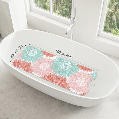 SHUCHING Bath Mat for Tub Non Slip-40x16 Inch, Green and Pink Flower | Bathtub Mat for Elderly Mold Free, Long Shower Mat for Inside Shower with Suction Cup, Machine Washable - color: Abstract Sunflower