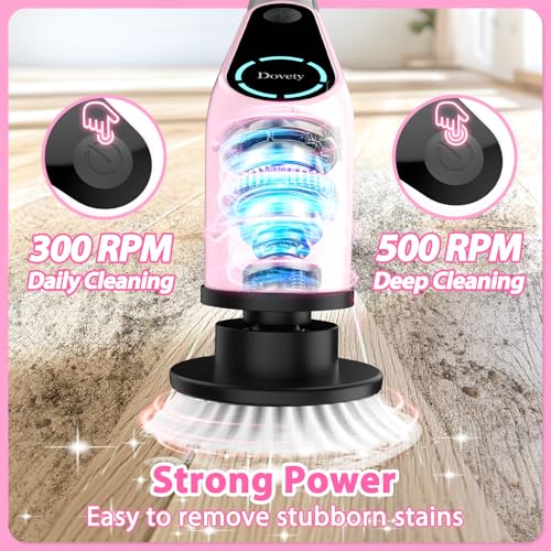 Dovety Electric Spin Scrubber, Cordless Cleaning Brush, Shower Scrubber with 8 Replaceable Brush Head, Power Cleaning Brush with Extension Handle, 2 Adjustable Speed, for Bathtub Tile Floor (Pink)