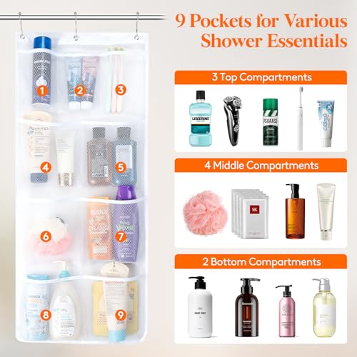 Lifewit Mesh Shower Caddy, 9 Pockets Hanging Bathroom Organizer, 1 Pack | 14" x 34", Attached 3 Hooks, Quick-Dry, Portable, Cruise Essentials, Idea for Toiletry, RVing, Travel, Camping - size: 14" × 34"