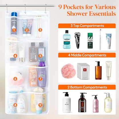 Lifewit Mesh Shower Caddy, 9 Pockets Hanging Bathroom Organizer, 1 Pack | 14" x 34", Attached 3 Hooks, Quick-Dry, Portable, Cruise Essentials, Idea for Toiletry, RVing, Travel, Camping - size: 14" × 34"