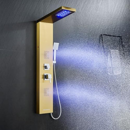 5-in-1 LED Shower Panel Tower System Stainless Steel Gold | Rainfall head | 2 massage jets | Handheld shower | Tub spout | LED lights | Wall mount - color: Gold