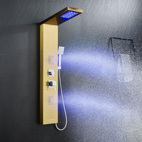 5-in-1 LED Shower Panel Tower System Stainless Steel Gold | Rainfall head | 2 massage jets | Handheld shower | Tub spout | LED lights | Wall mount - color: Gold