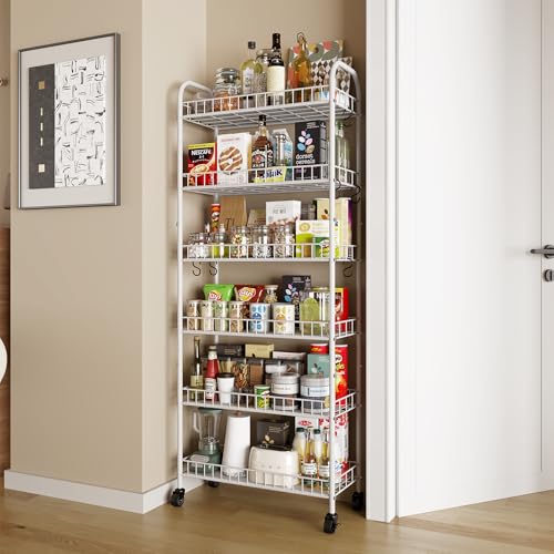 6 Tier Slim Rolling Storage Cart with Wheels, Metal Mobile Shelving Unit Organizer Utility Cart for Office Bathroom Kitchen Laundry Room Narrow Places (White 10 Inches) - size: White 10 Inches