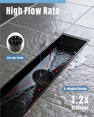 28 Inch Matte Black Linear Shower Drain | CUPC Certified 2-in-1 Tile Insert for Curbless Showers. 304 Steel, 15.8GPM Flow. Includes Hair Catcher & Adjustable Feet. - color: Matte Black, size: 28in