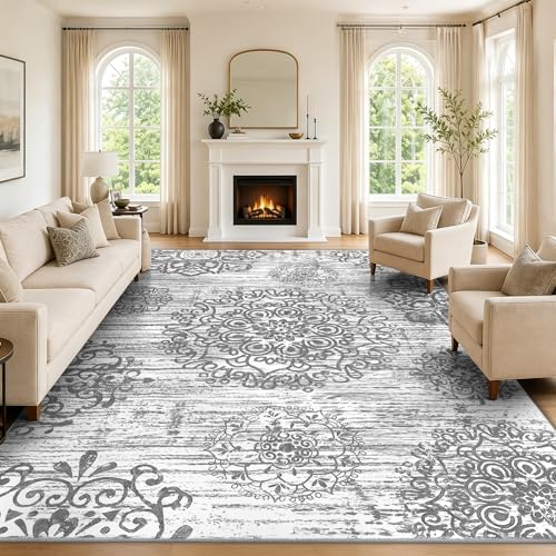 HEBE Area Rug for Living Room 6'x9', Washable Non Slip Boho Bedroom Rug | Large Soft Vintage Rugs for Dining Room, Distressed Low-Pile Floor Carpet for Hallway, Kids Room, Bathroom, Nursery - color: Grey, size: 6' x 9' (Rectangular)