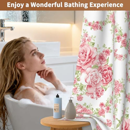 No Hook Shower Curtain and Liner Set, Pink Roses Girls Shower Curtain No Hooks with Snap in Liner and Mesh Top Window, Double-layer Waterproof Fabric Shower Curtains for Bathroom with Weighted Hem - color: Rose Garden