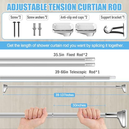 Silver Shower Curtain Rod 39 to 137 Inch,Heavy-Duty inner Lock Stainless Steel Telescopic Rod,1.2-Inch Diameter Bathroom Anti-Rust And anti-Slip Tension Rod Without Drilling,Convenient to Use - color: Stainless steel, size: 39-137 Inches