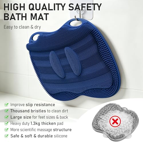 Shower Foot Scrubber Mat Large 2.0- Silicone Feet Toes Massage Exfoliate Cleaner Pad Long Brush Without Bending Non-Slip Suction Cups in Shower Floor Bathtub Foot Relax Spa 17.4 * 13" Navy Blue - color: 17.4*13.4" Navy Blue