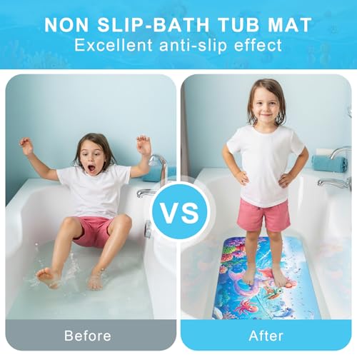Upgrade Cartoon Baby Bath Mat Non Slip - 40"x16" Extra Long Bathtub Mat for Baby Eco Friendly Durable Bath Mat for Tub Non Slip Kids Tub Mat with Suction Cups, Machine Washable and No Fading, Mermaid - color: F-mermaid-3