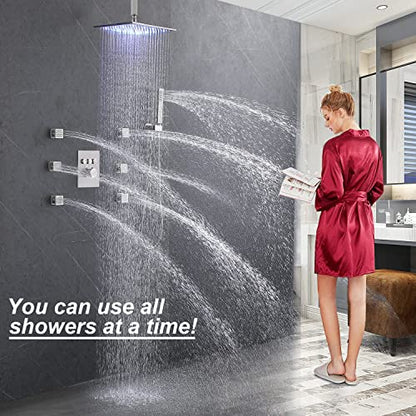 ENGA Thermostatic Shower System with Jets, 12 Inch LED Ceiling Mount Rainfall Shower System with Handheld Spray and 6 Jets (Can Use All Functions At a Time), Brushed Nickel - color: Brushed Nickel, style: Ceiling Mount-6 Jets
