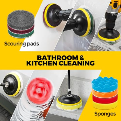 Holikme 22Pack Drill Brush Attachments Set,Scrub Pads & Sponge, Buffing Pads,Power Scrubber Brush,Car Polishing Pad Kit,Wax Applicator Pad,Car Cleaning Kit,Masonry Brushes,Cleaning Supplies | Buffing Sponges, Nylon Grout Tools, Microfiber Wax Pads, Tile B