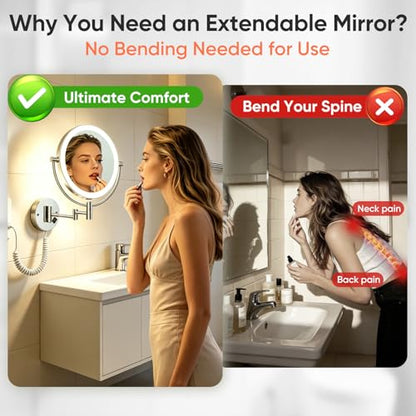 FUNTOUCH AC Plug in Powered 1X/30X Wall Mounted Makeup Mirror with Lights | Double Sided 1X/30X Magnifying,3 Color Lights,Touch Dimmable, Extended Arm 360 Rotation Lighted Bathroom Mirror Magnification - color: Chrome