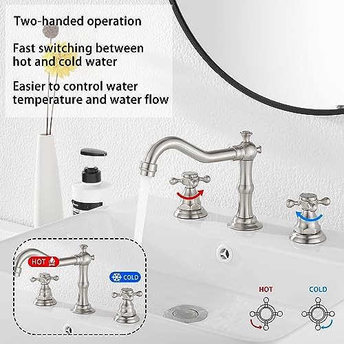 Two Handles Three Holes Faucet 8-16 inch Widespread Bathroom Sink Faucet Brushed Nickel Basin Tap Mixer Faucet Matching Metal Pop Up Drain - color: Brushed Nickel, style: Metal Cover