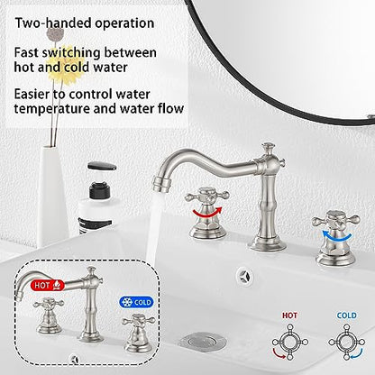 Two Handles Three Holes Faucet 8-16 inch Widespread Bathroom Sink Faucet Brushed Nickel Basin Tap Mixer Faucet Matching Metal Pop Up Drain - color: Brushed Nickel, style: Metal Cover