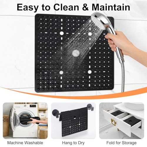 Square Shower Mat Non Slip, 27 x 27 Inch Quick Drain TPE Anti Slip Shower Mats for Inside Shower, Soft Shower Floor Mat with Suction Cups, Quick Drying, Machine Washable - color: Black