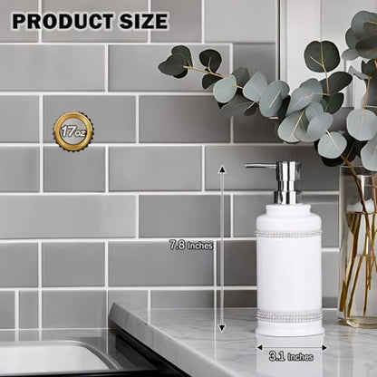 17 OZ Hand Liquid&Lotion Soap Dispenser Pump Bottle Ceramic White for Kitchen Bathroom Countertop Laundry Room Holds Dish Soap Shampoo Laundry Liquid Shower Gel (Inlaid Rhinestone) (White1) - color: White1