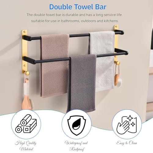 Double Towel Rack with Hooks, 24 Inch Stainless Steel Towel Bar - Wall Mounted Towel Holder for Bathroom, Black & Gold - color: Black & Gold, size: 24-Inch